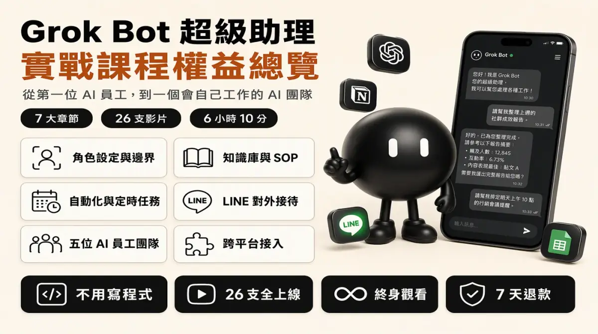 Grok Bot 超級助理實戰課程權益總覽：7 大章節、26 支影片、約 6 小時 10 分